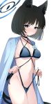  1girl animal_ear_fluff animal_ears bikini black_hair blue_archive blue_bikini blue_eyes blue_haori breasts cat_ears cat_girl cat_tail cleavage haori highres japanese_clothes kikyou_(blue_archive) kikyou_(swimsuit)_(blue_archive) looking_at_viewer multiple_tails navel official_alternate_costume open_clothes preste short_hair solo stomach swimsuit tail two_tails untied_bikini 