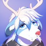 anthro clothing deer facial_piercing hi_res iconography jacket leather leather_clothing leather_jacket leather_topwear lip_piercing looking_at_viewer male mammal new_world_deer nose_piercing piercing red_nose reindeer smile smiling_at_viewer solo steelshark topwear