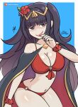  1girl artist_name bikini black_cape black_hair blue_background border breasts cape cleavage commentary drooling evil_smile fire_emblem fire_emblem_awakening fire_emblem_heroes flower grin hair_flower hair_ornament highres long_hair looking_at_viewer mouth_drool navel o-ring o-ring_bikini o-ring_top official_alternate_costume outside_border patreon_logo patreon_username raydango red_bikini signature simple_background smile solo swimsuit tharja_(fire_emblem) tharja_(summer)_(fire_emblem) thick_thighs thighs web_address white_border wide_hips 