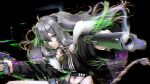  1girl absurdres ahoge animal_ears bare_shoulders black_background black_jacket black_nails black_shirt breasts cleavage closed_mouth dual_wielding ear_piercing frown fur-trimmed_jacket fur_trim glitch grey_eyes grey_hair gun hair_between_eyes handgun highres holding hololive jacket lion_ears lion_girl lion_tail long_hair looking_at_viewer medium_breasts midriff navel off_shoulder open_clothes open_jacket outstretched_arm piercing ryou_(monstercat_nc42) shirt shishiro_botan simple_background sleeveless sleeveless_shirt smoke smoking_barrel solo tail upper_body v-shaped_eyebrows virtual_youtuber weapon 
