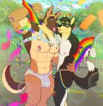 2025 abs anthro anthro_on_anthro areola arm_around_neck armband barazoku biceps big_bulge big_muscles blep bruki_(character) bubble bulge butt canid canine canis claws clothed clothing confetti day detailed_background domestic_dog duo ear_piercing ear_ring eyebrows fence flag flag_(object) fur german_shepherd gesture hair hand_gesture hand_on_side harness herding_dog hi_res holding_flag holding_object huge_muscles jewelry jockstrap lgbt_pride lgbt_pride_month looking_at_viewer male male/male mammal markings mole_(marking) muscular muscular_anthro muscular_male navel necklace nipple_piercing nipple_ring nipples nubruki_(artist) outside pastoral_dog pecs piercing plant pride_color_clothing pride_color_flag pride_color_jockstrap pride_color_underwear pride_colors rainbow_pride_colors ring_piercing serratus smile standing thick_arms thick_thighs tongue tongue_out topless topless_anthro topless_male tree tuft underwear v_sign