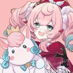  1girl animal animal_ears artist_name beret black_eyes blue_bow blue_hair blush blush_stickers bow capelet commentary_request cross cross_print crown dress frills gradient_hair green_eyes hair_between_eyes hair_ornament hat hat_ornament highres honkai:_star_rail honkai_(series) horse_ears hyacine_(honkai:_star_rail) little_ica_(honkai:_star_rail) long_hair looking_at_viewer loveyuki77 mini_wings multicolored_hair open_mouth pegasus pegasus_wings pink_background pink_hair pom_pom_(clothes) pom_pom_hair_ornament purple_capelet red_hat sidelocks simple_background smile twintails upper_body white_dress wings 