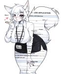 anthro big_tail black_bottomwear black_clothing black_eyes black_fingernails black_nails black_nose black_skirt blowing_kiss blush blush_lines bottomwear breasts cel_shading cleavage clothed clothed_anthro clothed_female clothing collared_shirt colored_nails digital_drawing_(artwork) digital_media_(artwork) dress_shirt english_text eyebrow_through_hair eyebrows eyelashes eyelashes_through_hair eyeshadow female female_anthro fingernails green_screen hair hand_on_leg hand_on_thigh heart_symbol hi_res inner_ear_fluff job_application leaning leaning_forward looking_at_viewer makeup motion_outline nails pink_eye_shadow pink_inner_ear shaded shirt simple_background skirt solo species_request standing strawbwymilk tail text topwear translucent translucent_hair tuft watermark white_background white_collared_shirt white_dress_shirt white_ears white_hair white_inner_ear_fluff white_sclera