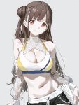  1girl absurdres bag bare_shoulders black_shorts blunt_bangs breasts brown_hair cleavage cleavage_cutout clothing_cutout cobwvmeti cowboy_shot crop_top detached_sleeves eyelashes fanged_bangs hair_bun handbag highres idolmaster idolmaster_shiny_colors large_breasts long_hair looking_at_viewer midriff navel red_eyes see-through_clothes see-through_sleeves shorts single_side_bun smile solo sonoda_chiyoko split_mouth white_background white_bag 