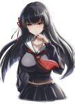  1girl arm_cutout black_hair black_shirt black_skirt blush breasts bright_pupils chisa_(wuthering_waves) closed_mouth collarbone commentary hair_ribbon hand_up highres large_breasts long_hair looking_at_viewer midriff_peek mole mole_under_eye neckerchief red_eyes red_neckerchief red_ribbon ribbon sailor_collar school_uniform serafuku shirt simple_background skirt skyde_kei solo white_background white_pupils white_sailor_collar wuthering_waves 