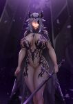 1girl ai-generated_art_(topic) alternate_costume black_bodysuit black_cape black_cloak bodystocking bodysuit breasts breasts_apart cape chanary chronopattern_dress cloak closed_mouth crown eyepatch holding holding_sword holding_weapon huge_breasts kantai_collection looking_at_viewer medium_hair purple_hair see-through_bodysuit see-through_clothes shiny_skin solo standing sword tenryuu_(kancolle) tenryuu_kai_ni_(kancolle) weapon yellow_eyes 
