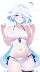  ...? 1girl absurdres ahoge bare_shoulders belly_rub bikini blue_eyes blue_hair blue_pupils blush breasts breasts_apart chestnut_mouth collarbone commentary_request drop-shaped_pupils fuminshou_(nekopan_art) furina_(genshin_impact) genshin_impact hair_between_eyes hands_up heterochromia highres looking_at_viewer medium_breasts medium_hair multicolored_hair navel side-tie_bikini_bottom simple_background solo stomach streaked_hair swimsuit symbol-shaped_pupils thigh_strap watermark white_background white_bikini white_hair 