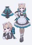  1girl absurdres alternate_costume animal_ears apron arm_behind_back black_dress black_gloves black_shoes blue_bow blush bow cat_ears commentary dress enmaided facial_mark fork frilled_apron frilled_hairband frills full_body genshin_impact gloves grey_hair hair_bow hairband hand_up highres holding holding_fork huge_bow long_hair long_sleeves looking_at_viewer lynette_(genshin_impact) maid maid_headdress multiple_views parted_lips purple_eyes shoes sikaku simple_background standing star_(symbol) star_facial_mark twitter_username utensil_in_mouth very_long_hair white_apron white_background white_hairband 