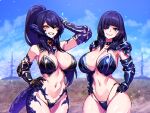  2girls armor armpits au_ra bikini_armor black_hair breasts cleavage closed_mouth collar commission dragon_horns dragon_tail eyebrows_hidden_by_hair eyepatch female_pubic_hair final_fantasy final_fantasy_xiv gauntlets groin hair_between_eyes hands_on_own_hips highres horns large_breasts lens_flare lips long_hair looking_at_viewer medium_hair multiple_girls navel open_mouth pauldrons ponytail pubic_hair pubic_hair_peek purple_eyes samael_(5211) sapphira_nyx scales shoulder_armor skeb_commission smile spiked_collar spikes stomach tail teeth warrior_of_light_(ff14) 