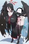  1boy 1girl black_choker black_hair black_wings blue_archive breasts chibi choker clothed_female_nude_male clothed_sex cum cum_in_pussy doodle_sensei_(blue_archive) feathered_wings female_pubic_hair hair_between_eyes halo hasumi_(blue_archive) height_difference highres huet-pc huge_breasts justice_task_force_(blue_archive) large_breasts long_hair long_hair_between_eyes mole mole_under_eye nude oversized_wings pubic_hair red_eyes red_halo sensei_(blue_archive) sex wings 
