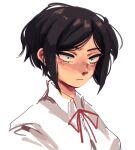  1girl black_hair blue_eyes closed_mouth collared_shirt commentary danganronpa/zero danganronpa_(series) eyelashes freckles highres ikusaba_mukuro karu_(8komori) neck_ribbon portrait red_ribbon ribbon shirt short_hair simple_background solo white_background white_shirt 