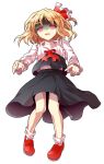  1girl alphes_(style) ascot black_dress black_vest blonde_hair blouse collar collared_shirt commentary_request dairi dress empty_eyes fang frilled_collar frilled_sleeves frills full_body hair_ribbon large_variant_set long_sleeves looking_at_viewer mary_janes open_mouth parody pink_eyes red_ascot red_ribbon red_shoes ribbon rumia shaded_face shirt shoes socks solo style_parody tachi-e touhou transparent_background two-tone_ribbon variant_set vest white_ribbon white_sleeves white_socks white_trim yandere 