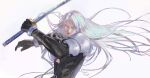  1boy armor black_coat black_gloves bracelet c1111h closed_mouth coat fighting_stance final_fantasy final_fantasy_vii final_fantasy_vii_remake floating_hair gloves green_eyes grey_background grey_hair highres holding holding_sword holding_weapon jewelry lips long_hair long_sleeves looking_at_viewer male_focus masamune_(ff7) sephiroth shoulder_armor solo sword upper_body weapon 