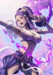  1girl absurdres bare_shoulders breasts cleavage comb earrings fire_emblem fire_emblem_fates hair_ornament hair_stick hairpods hand_fan highres japanese_clothes jewelry looking_at_viewer midriff orochi_(fire_emblem) purple_eyes purple_hair shoko_(pixiv_74769700) solo 