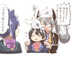  3girls anger_vein animal_ears black_hair black_jacket blazer blue_hair bow brown_sweater chibi collared_shirt cropped_torso floating_hair grey_hair hair_bow hair_ornament hairclip higuchi_kaede higuchi_kaede_(1st_costume) horns jacket jk_gumi_(nijisanji) kemonomimi_mode long_hair multiple_girls necktie nijisanji open_clothes open_jacket pink_bow ponytail purple_bow purple_necktie rabbit_ears rebecca_(keinelove) school_uniform shirt shizuka_rin shizuka_rin_(1st_costume) simple_background sweater translation_request tsukino_mito tsukino_mito_(1st_costume) upper_body v-shaped_eyebrows very_long_hair virtual_youtuber white_background white_bow white_shirt 