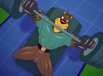 alternate_version_at_paywall anthro bench bench_press black_nose blitz_(road_rovers) brown_body brown_fur bulge canid canine canis clothing digital_drawing_(artwork) digital_media_(artwork) dobermann domestic_dog dumbbell exercise floor fur gavanzude glistening glistening_body glistening_clothing gloves handwear hi_res lying male mammal multicolored_body multicolored_fur muscular on_back pinscher red_eyes road_rovers signature solo tight_clothing two_tone_body two_tone_fur weightlifting weights workout