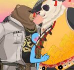 2025 anthro asian_clothing asian_conical_hat bear belly belly_to_belly ben_bigger between_bellies black_sclera blush bodily_fluids brown_bear chain clothing east_asian_clothing faceless_character faceless_male fur giant_panda gold_(metal) gold_chain group hat headgear headwear hi_res jacket jewelry looking_down male male/male mammal mihoyo multicolored_body multicolored_fur nobodyshouse overweight pan_yin_hu reluctant simple_background smile sweat sweatdrop topwear touching_bellies touching_belly trio ursine zenless_zone_zero