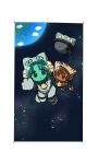  2girls animal_hat anzu_yoshihiro astronaut bell border brown_hair cat_hat chibi dejiko di_gi_charat earth_(planet) full_body hat highres holding_hands jitome multiple_girls neck_bell open_mouth planet puchiko space star_(sky) ufo white_border 