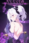  1girl absurdres back backless_dress backless_outfit black_halo blue_archive blush breasts demon_girl demon_horns demon_wings dress earrings elbow_gloves embarrassed evening_gown gloves halo highres hina_(blue_archive) hina_(dress)_(blue_archive) horns jewelry long_hair mengxin_huazha necklace nose_blush off_shoulder pendant purple_dress purple_eyes purple_gloves small_breasts solo star_(sky) white_hair wings 