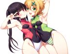  2girls akatsuki_kirika arm_behind_head armpits ass_visible_through_thighs asymmetrical_docking black_hair black_leotard blonde_hair blush breast_press breasts closed_mouth covered_navel eyebrows_hidden_by_hair green_eyes green_leotard groin hair_between_eyes highres leotard long_hair looking_at_viewer multiple_girls open_mouth red_eyes red_leotard senki_zesshou_symphogear sho2 short_hair simple_background small_breasts smile teeth thigh_gap tsukuyomi_shirabe undersuit upper_teeth_only v white_background 