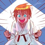  1girl :d alpharecdyt blue_eyes dougi emphasis_lines highres ijiranaide_nagatoro-san karate_gi looking_at_viewer orange_hair orihara_(nagatoro) smile solo spiked_hair tareme teeth upper_teeth_only 