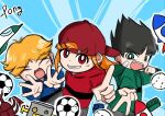  3boys antenna_hair backwards_hat ball bandaid black_hair blonde_hair blue_background blue_skirt blunt_bangs boomer_(ppg) brick_(ppg) brothers butch_(ppg) child closed_eyes facing_viewer fang green_eyes green_shirt grin hat long_hair looking_at_viewer male_focus multiple_boys open_mouth orange_hair parted_bangs pongpongi powerpuff_girls red_eyes red_hat red_shirt rowdyruff_boys shirt short_hair siblings side-by-side skirt smile spiked_hair striped_clothes striped_shirt toy 