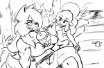 2025 anaugi anthro beverage black_and_white bottomwear bovid bubble_tea canid canine canis caprine clothed clothing domestic_dog dragon duo eye_through_hair facial_scar female hachimitsu hair hair_over_eye holding_beverage holding_object leaning leaning_backward leaning_forward long_hair looking_at_another mammal monochrome muscular muscular_female mythological_creature mythological_scalie mythology outside plant ponytail scalie scar seaside sheep shep_(anaugi) shirt shorts simple_background sitting t-shirt tail topwear translucent translucent_hair tree white_background