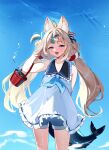  1girl :d ahoge animal_ear_fluff animal_ears arm_behind_back arm_up blonde_hair blue_background blue_eyes blue_hair blue_neckerchief blue_sailor_collar blue_shorts bow bucket cat_ears collar collarbone commentary cowboy_shot dress fang fins fish_girl fish_tail frilled_dress frills hair_bow half-closed_eyes hands_in_own_hair hashtag-only_commentary highres holding holding_bucket indie_virtual_youtuber lifebuoy_hair_ornament long_hair looking_at_viewer low_twintails multicolored_hair neckerchief one_side_up sailor_collar sakichka sameko_saba sand_bucket shorts skin_fang sleeveless sleeveless_dress smile solo sparkle streaked_hair tail tongue twintails very_long_hair virtual_youtuber water white_dress 