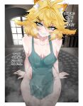  1girl absurdres animal_ears apron arm_support bare_shoulders blonde_hair blue_apron blue_eyes blush border breasts breasts_apart cat_ears cat_girl collarbone commentary commission dokibird_(vtuber) dokibird_(vtuber)_(bounty_hunter) double-parted_bangs english_text fang feather_hair grin hair_between_eyes hair_ornament heavy_breathing highres indie_virtual_youtuber indoors kemonomimi_mode looking_at_viewer mayoa medium_breasts medium_hair naked_apron outside_border sitting smile solo steam sweat talking trembling very_sweaty virtual_youtuber white_border window 