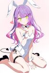 1girl animal_ears bare_arms between_legs black_ribbon black_shoes blush breasts cleavage collarbone covered_navel demon_tail detached_collar ear_piercing fake_animal_ears green_eyes green_nails hair_ornament hairband hairclip hand_between_legs heart hololive leotard looking_at_viewer medium_breasts multicolored_hair multicolored_nails piercing pink_hair pink_nails playboy_bunny pointy_ears purple_hair rabbit_ears rabbit_tail ribbon shoes sitting solo strapless strapless_leotard tail take_(user_tnuv3534) thigh_strap tokoyami_towa two-tone_hair virtual_youtuber wariza white_hairband white_leotard white_wrist_cuffs wrist_cuffs 