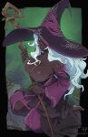  1girl artist_name breasts colored_eyelashes commentary dark-skinned_female dark_skin elden_ring elden_ring_nightreign english_commentary hat highres holding holding_staff kajin_(kajinman) large_hat long_hair recluse_(elden_ring) solo staff web_address white_hair witch witch_hat wooden_staff 
