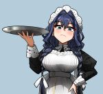  1girl apron black_dress black_hair blue_eyes braid closed_mouth ddolbang dress grey_background hair_intakes hair_ribbon hand_on_own_hip hat highres holding holding_tray hololive hololive_english looking_at_viewer low_twin_braids mob_cap official_alternate_costume official_alternate_hairstyle ouro_kronii ouro_kronii_(maid) ribbon simple_background solo tray twin_braids virtual_youtuber white_apron white_ribbon 