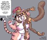 2025 4_fingers 4_toes anthro aubrey_(flind) backwards_baseball_cap backwards_hat ball_tuft balls baseball_cap belly_overhang big_breasts black_body black_fur blonde_hair bodily_fluids body_hair breasts brown_body brown_fur carrying_another clenched_teeth clothing curling_toes dialogue dipstick_ears dipstick_tail duo ear_markings english_text fangs feet felid female fingers flindasaur flying_sweatdrops fur genital_piercing genitals green_sclera grey_background guiche_piercing hair hat headgear headwear heart_pubes heart_symbol hi_res huge_breasts long_hair looking_at_another male male/female mammal markings multicolored_body multicolored_ears multicolored_fur mustelid musteline navel nipples nude on_shoulder open_mouth open_smile orange_body orange_fur overweight overweight_female pantherine pawpads piercing pubes purple_eyes red_hair scrotum_piercing simple_background smile soles speech_bubble striped_body striped_fur stripes sweat sweatdrop tail tail_markings teeth text tiger toes tracy_(anaugi) true_musteline tuft vulva weasel white_body white_fur