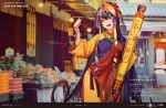  1girl bead_necklace beads breasts brown_hair earrings fate/grand_order fate_(series) hair_between_eyes hair_ornament hair_ribbon hat highres hoop_earrings japanese_clothes jewelry kimono large_breasts long_hair long_sleeves looking_to_the_side multicolored_kimono necklace official_art okazaki_takeshi open_mouth orange_kimono prayer_beads purple_eyes purple_kimono ribbon rice_hat sash smile solo xuangzang_sanzang_(fate) 