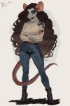  absurd_res anthro belt big_breasts big_hair black_claws boots bottomwear breasts brown_hair character_name claws clothing colored denim denim_bottomwear denim_clothing eyeshadow female footwear fur grey_body grey_fur hair hestenia hi_res high_heeled_boots high_heels hyena_beans jeans leather leather_boots leather_clothing leather_footwear makeup mammal mascara murid murine pants rat rodent shoes simple_background solo sweater tail text topwear turtleneck yellow_eyes 