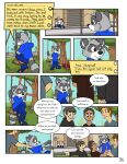 ailurid anthro art_(pandapaco) bottomwear bus_stop_sign cheek_tuft clothed clothing comic detailed_background dialogue dipstick_tail english_text eyewear facial_tuft feet_together footwear fully_clothed gloves_(marking) grabbing_from_behind hi_res human jacket male mammal markings mouse murid murine note pandapaco procyonid raccoon rodent shoes speech_bubble swing tail tail_markings text topwear tuft vehicle