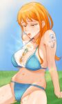  1girl arm_support bare_arms bare_shoulders between_breasts bikini blue_bikini blue_sky breasts can_between_breasts cleavage collarbone cowboy_shot crotch english_commentary futz_11 grass halterneck hot large_breasts long_hair monster_energy nami_(one_piece) navel one_piece open_mouth orange_eyes orange_hair outdoors shoulder_tattoo single_sidelock sitting sky solo steaming_body stomach string_bikini sweat swimsuit tattoo 