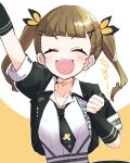  1girl :d ^_^ black_jacket black_necktie closed_eyes collarbone collared_shirt commentary_request facing_viewer hair_ornament highres i_do_me!_(love_live!) jacket kachimachi_kosuzu kanduki_kamibukuro link!_like!_love_live! long_hair love_live! necktie official_alternate_costume official_alternate_hairstyle open_clothes open_collar open_jacket open_mouth shirt short-sleeved_jacket short_eyebrows short_sleeves simple_background smile solo twintails upper_body v-shaped_eyebrows virtual_youtuber white_shirt x_hair_ornament yellow_background 