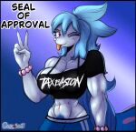 abs anthro big_breasts blue_hair bottomwear bra bracelet breasts clothing cosmonaut english_text female generation_7_pokemon gesture hair hand_gesture hi_res humor jewelry kaimana_(cosmonaut) long_hair looking_at_viewer mammal marine muscular muscular_anthro muscular_arms muscular_female navel navel_piercing nintendo one_eye_closed pants piercing pinniped pokemon pokemon_(species) ponytail primarina print_clothing print_shirt print_t-shirt print_topwear pubes pun purple_eyes shirt signature small_waist solo t-shirt tail text tongue tongue_out topwear translucent translucent_clothing translucent_shirt translucent_topwear underwear v_sign white_body wink winking_at_viewer