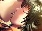  1girl blush couple game_cg gradient gradient_background green_eyes kiss kurio_asuka sodom_no_shima:_night_of_blind sweat 