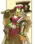 2023 4_toes 5_fingers anthro armor big_breasts blue_eyes bottomwear breasts cape ceehaz cleavage clothed clothing dragon feet female fingers fish gloves greataxe greaves green_body green_scales hair handwear hi_res hybrid leotard loincloth luca_(spicybara) marine mohawk mythological_creature mythological_scalie mythology non-mammal_breasts pauldron pink_hair plantigrade scales scalie shark sitting solo stirrup_footwear thick_thighs toes vambrace weapon_over_shoulder wide_hips