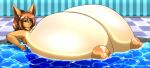 anthro areola bathing big_breasts breasts brown_body brown_eyes brown_fur brown_hair cleavage clothed clothing confident confident_female drgnalexia eevee elly_darwin_(pelleelle) everstone female fur generation_1_pokemon hair hi_res huge_breasts hyper hyper_breasts indoor_pool jewelry leaning leaning_backward long_ears looking_at_viewer necklace necklace_only nintendo nipples nude pokemon pokemon_(species) ponytail short_eyebrows smug solo water