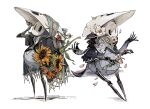  2others black_scarf black_skin black_vest bug colored_skin cracked_mask dress_shirt dual_persona falling_petals fioco_virus flower flower_on_shoulder grey_ribbon grey_suit hand_on_mask hand_up highres holding holding_flower hollow_eyes hollow_knight looking_to_the_side looking_up mask mask_on_head multiple_others multiple_views no_humans petals pink_flower pink_petals quirrel red_flower red_rose ribbon rose scarf shirt silk simple_background sitting spider_web striped_ribbon suit sunflower vest white_background white_flower white_mask white_rose white_shirt 