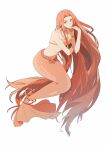  1girl absurdly_long_hair absurdres armlet bead_bracelet beads bikini bracelet choker closed_mouth commentary_request finger_to_mouth fins fish_tail forehead full_body hand_on_own_elbow highres jewelry light_frown lipstick long_hair looking_at_viewer makeup mermaid mermaid_melody_pichi_pichi_pitch monster_girl morgue_(southsakura) navel necklace orange_bikini orange_choker orange_eyes orange_hair orange_tail pink_lips ribs sara_(mermaid_melody_pichi_pichi_pitch) shell shell_bikini simple_background sitting skinny solo stomach strapless strapless_bikini swimsuit tail tail_ornament tail_ring thinking very_long_hair white_background 