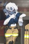 2025 5_fingers absol absurd_res anthro big_breasts biped bottomwear breasts clothed clothed_anthro clothed_female clothing digital_media_(artwork) female fingers front_view fully_clothed fully_clothed_anthro fully_clothed_female fur generation_3_pokemon hair hi_res horn inside looking_at_viewer navel nintendo pokemon pokemon_(species) red_eyes smile solo standing topwear white_body white_fur white_hair zinfyu