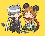  2boys =_= antennae brown_hair cosplay grey_hair hanamura_yousuke izanagi_(persona_4) izanagi_(persona_4)_(cosplay) jacket jiraiya_(persona_4) jiraiya_(persona_4)_(cosplay) male_focus multiple_boys narukami_yu nt_26 persona persona_4 red_scarf scarf sword weapon yellow_background 