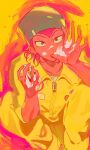  1boy arms_up badge beanie black_hat button_badge cake cake_slice collarbone collared_jumpsuit colorful commentary_request danganronpa_(series) danganronpa_2:_goodbye_despair feet_out_of_frame food gimmogi_kimumogi hat highres holding holding_food icing icing_on_body icing_on_face jumpsuit licking licking_own_finger looking_up male_focus pink_eyes pink_hair sanpaku shirt soda_kazuichi solo white_shirt widow&#039;s_peak yellow_jumpsuit zipper zipper_pull_tab 