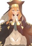  1girl absurdres animal_ear_headwear animal_ears black_veil blue_archive blue_eyes blush braid cl07 coif flower flower_hat hair_between_eyes hair_flower hair_ornament halo hat hat_flower highres kneeling looking_at_viewer mari_(blue_archive) nun orange_hair own_hands_clasped own_hands_together smile veil white_background white_flower yellow_halo 