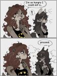 angel_(raccoattack) anthro batman_(series) black_hair bra brown_body brown_fur brown_hair clothing dc_comics dialogue duo ear_piercing ear_ring english_text equid equine facial_markings female fur grey_body grey_fur hair head_markings hi_res horse how_hungry... mammal markings mask_(marking) mustelid one_eye_closed otter piercing procyonid racc_(raccoattack) raccoattack raccoon ring_piercing shirt species_transformation tank_top text topwear transformation underwear whiskers wink
