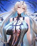  1girl absurdres bare_shoulders black_dress blonde_hair blue_eyes blue_hands breasts cleavage colored_inner_hair commentary crown_of_thorns dress english_commentary fleurdelys_(wuthering_waves) highres horns huge_breasts long_hair mcdobo multicolored_hair paid_reward_available pointy_ears single_horn solo tabard tacet_mark_(wuthering_waves) very_long_hair white_tabard wuthering_waves yellow_horns 